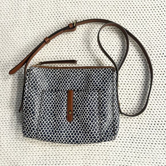 Fossil Gemma Blue White Mermaid Fish Scale Print Coated Canvas Small Crossbody - Picture 3 of 16